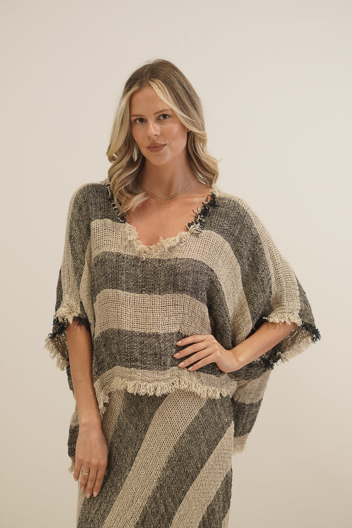 Sarita Fringed Top Natural & Black