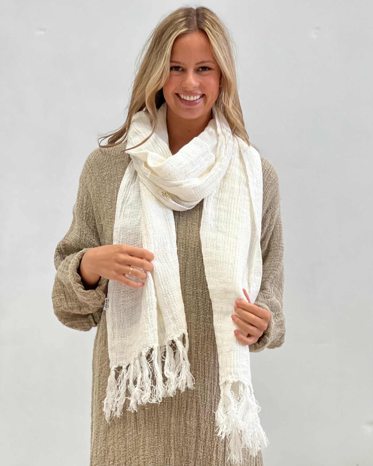 Audrey Heavy Mesh Scarf/Runner With Fringe - Optic White