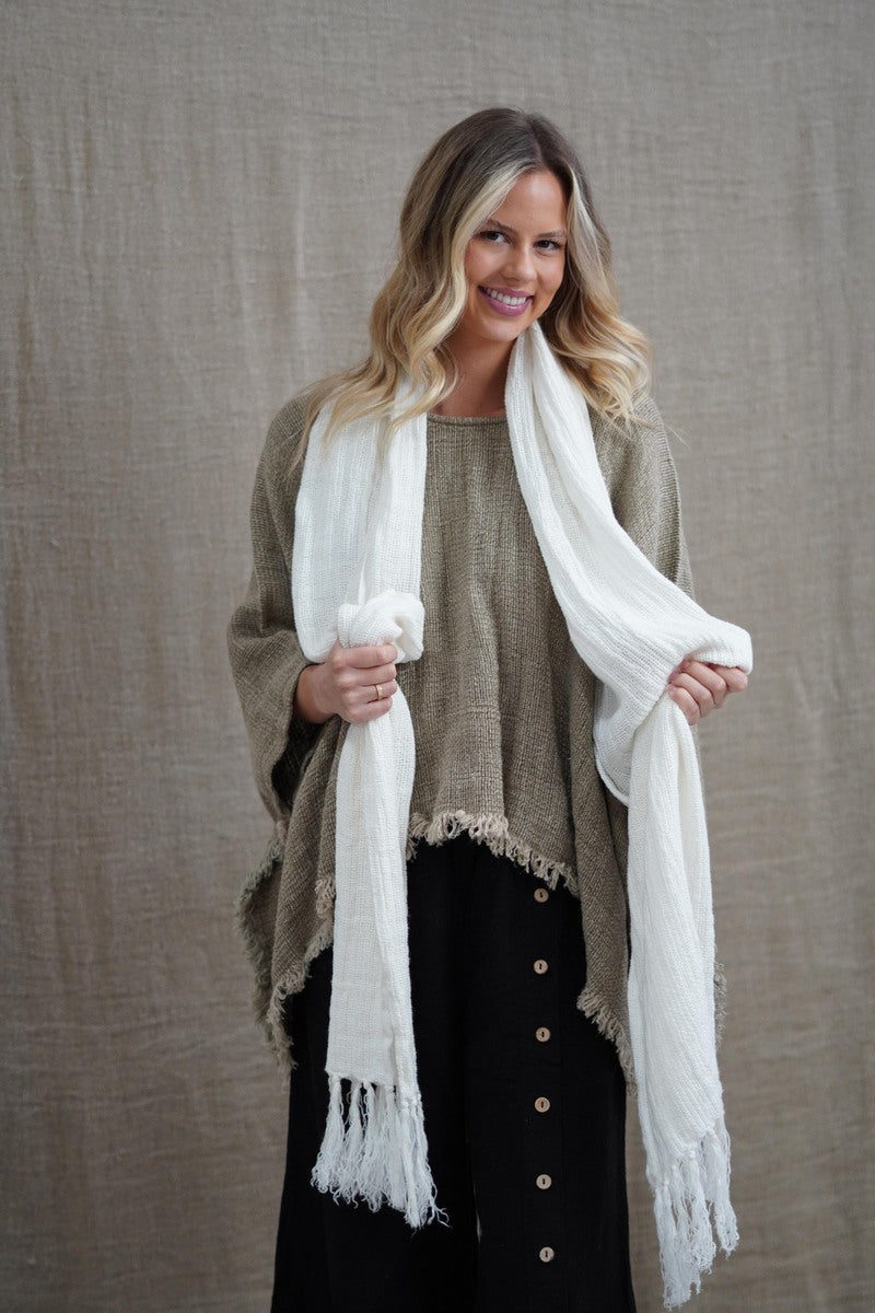 Audrey Heavy Mesh Scarf/Runner With Fringe - Optic White