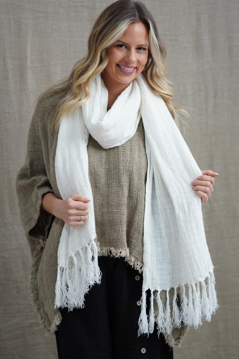 Audrey Heavy Mesh Scarf/Runner With Fringe - Optic White