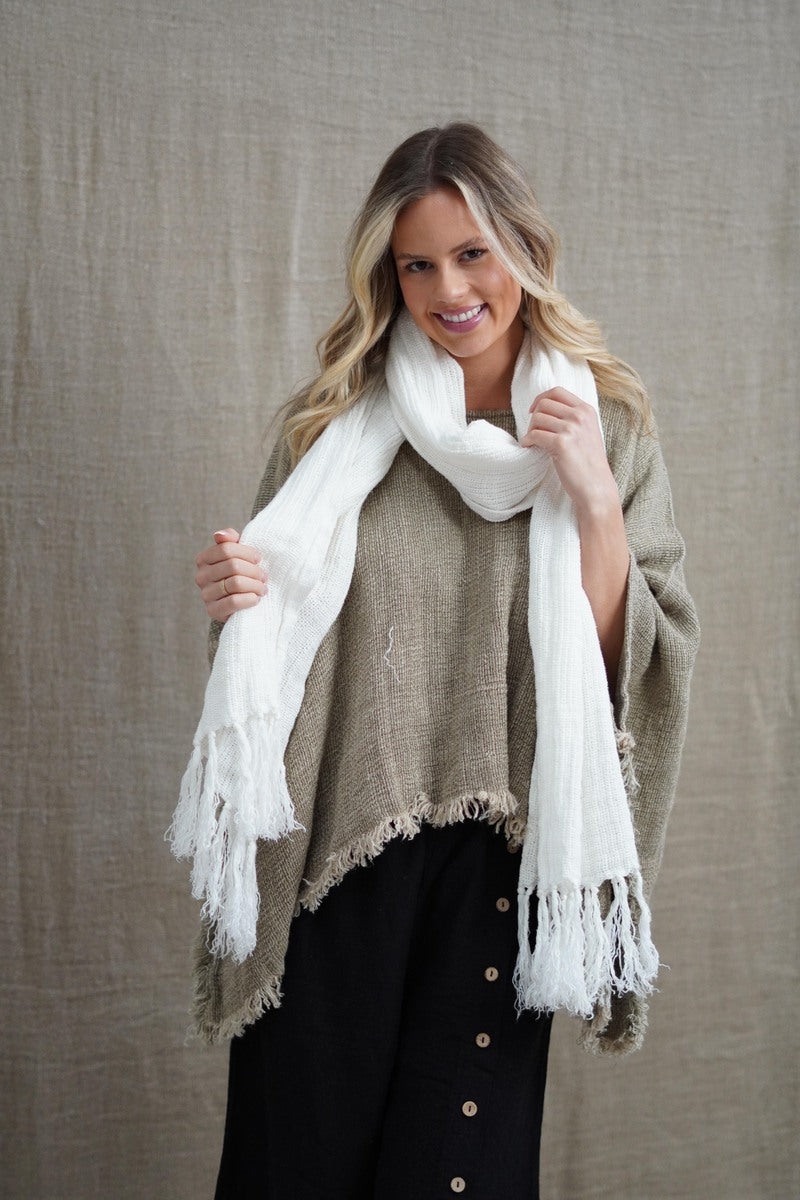 Audrey Heavy Mesh Scarf/Runner With Fringe - Optic White