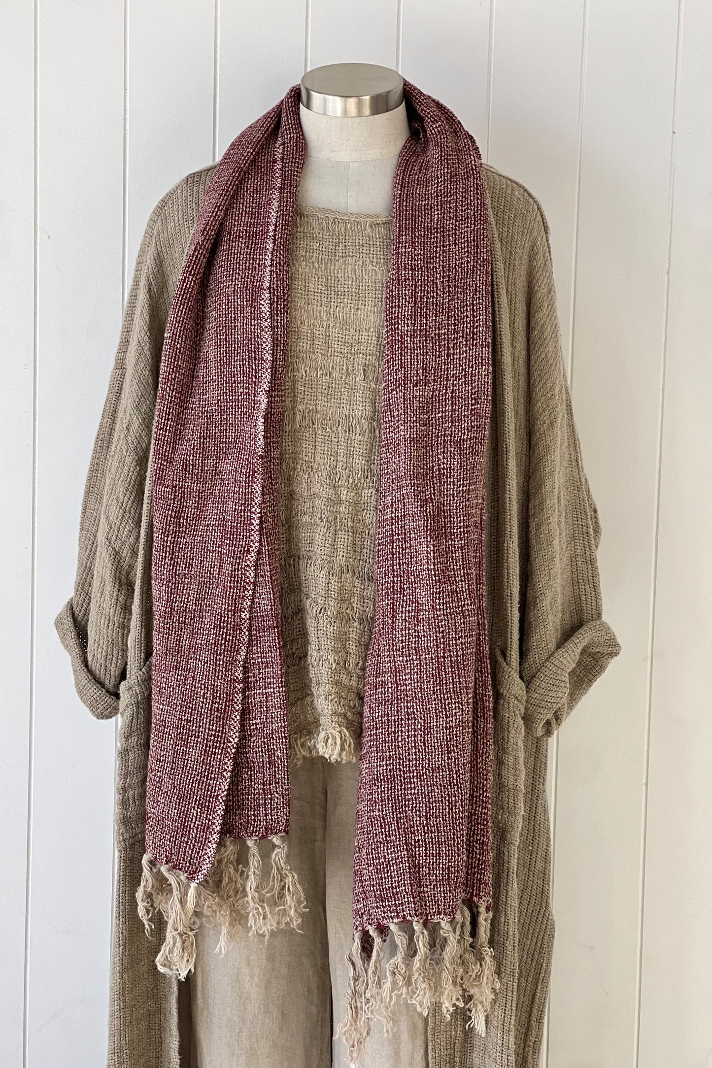 Petra Linen Fringed Scarf Burgundy
