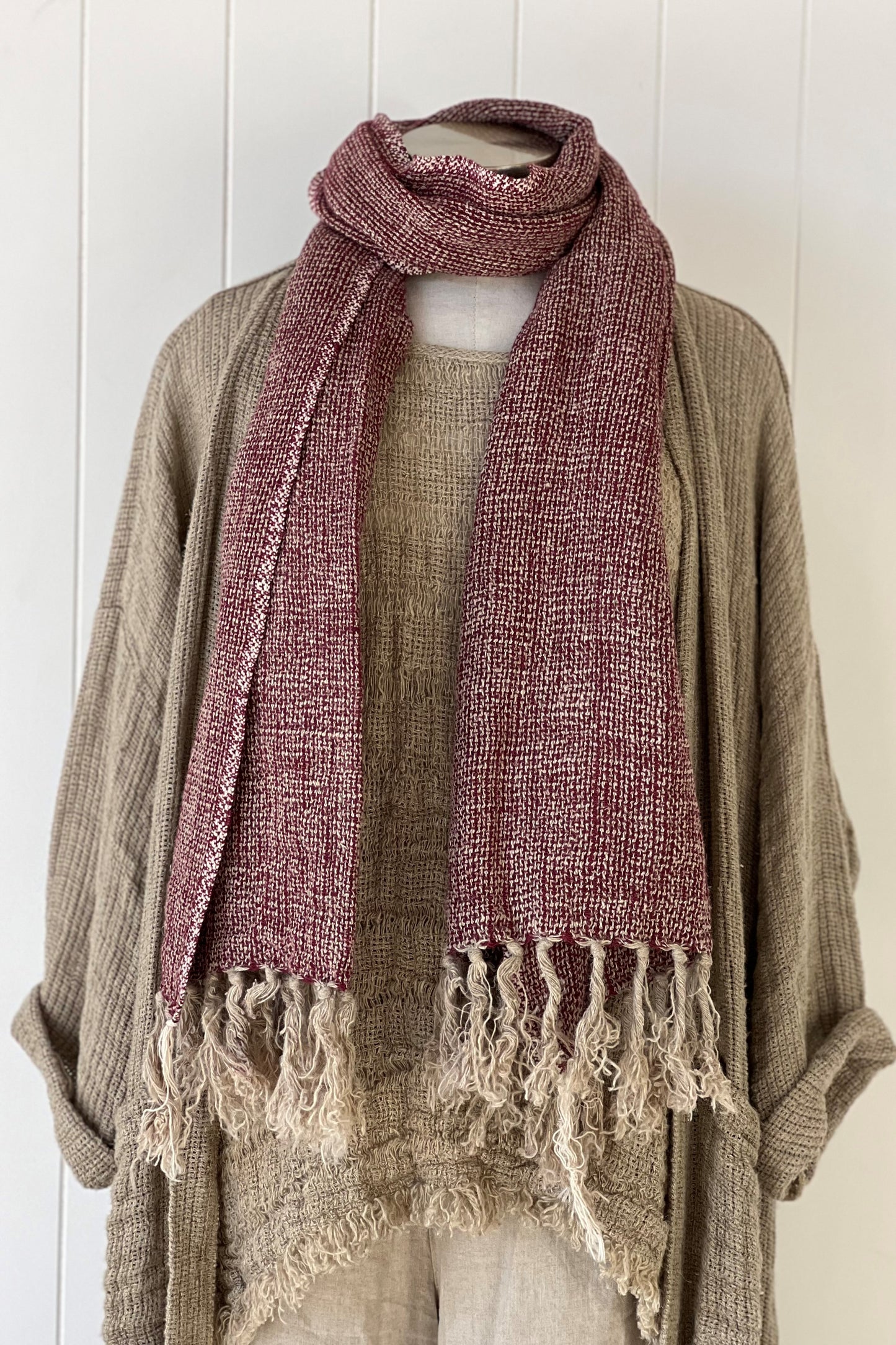 Petra Linen Fringed Scarf Burgundy