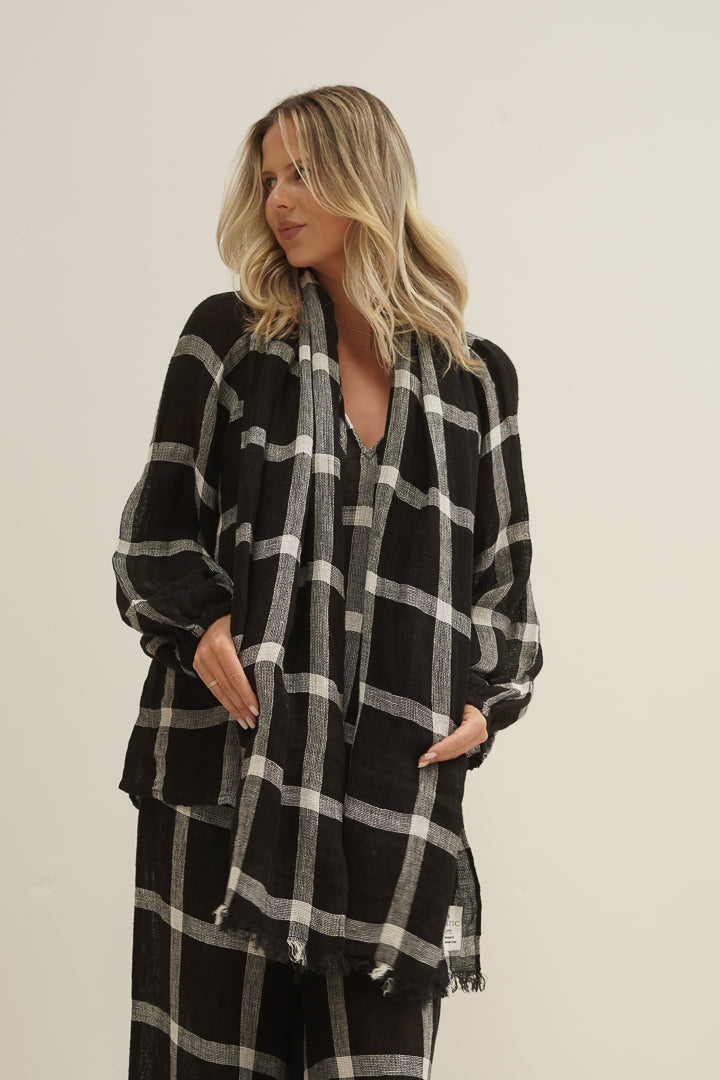 Kelly Linen Scarf Black & White Check 50 X 180Cm
