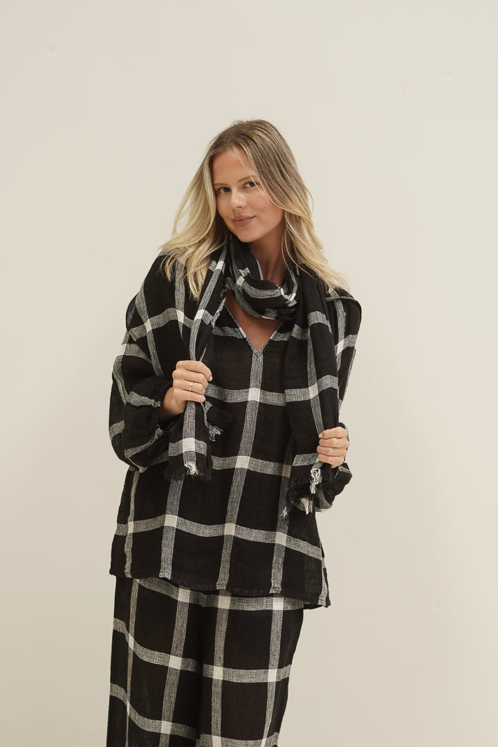 Kelly Linen Scarf Black & White Check 50 X 180Cm
