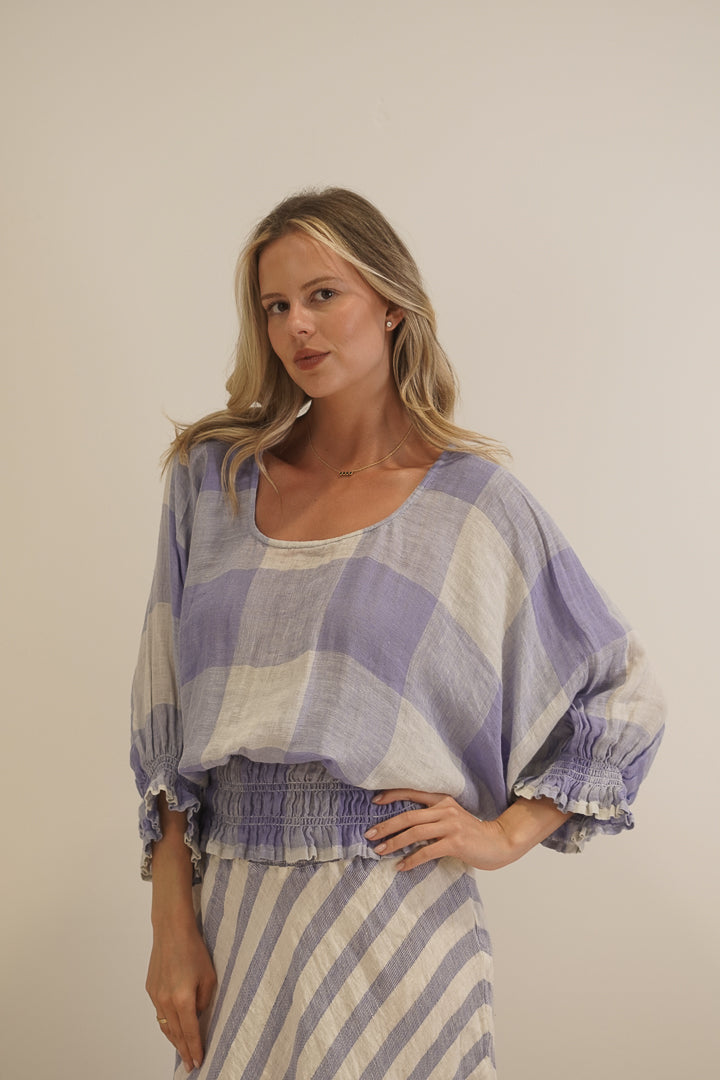 Serena Shirred Hem Top Heather Blue Check
