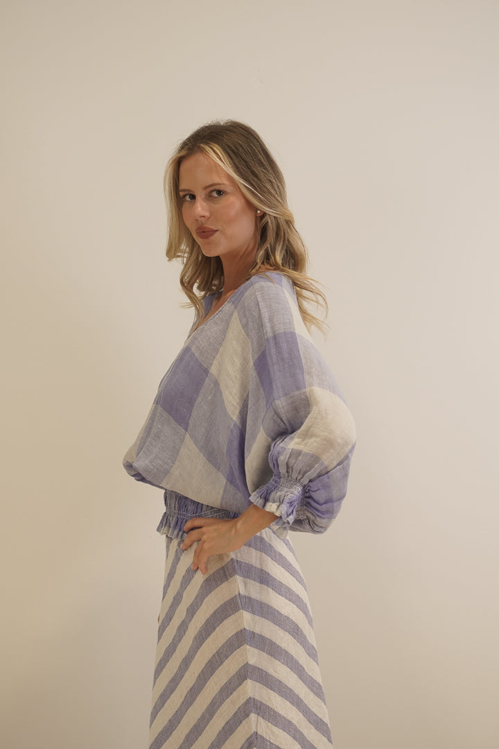 Serena Shirred Hem Top Heather Blue Check
