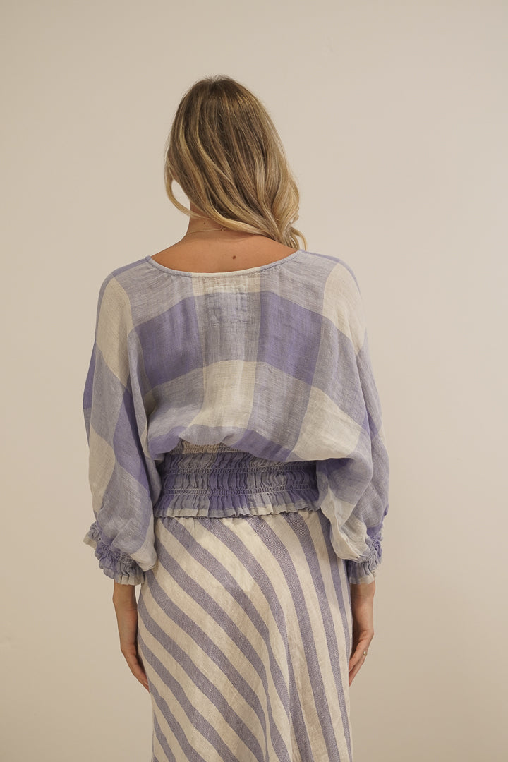 Serena Shirred Hem Top Heather Blue Check