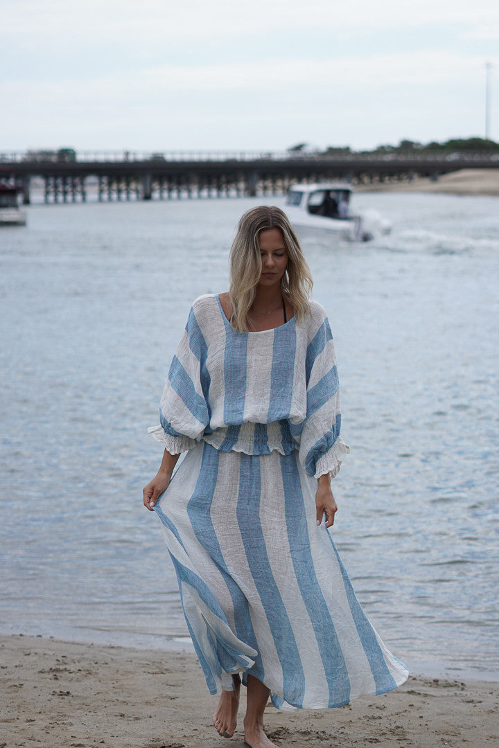Serena Shirred Hem Top Coastal Sky Stripes