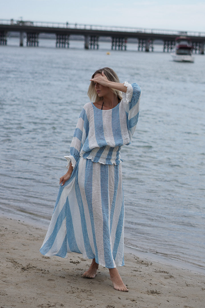 Serena Shirred Hem Top Coastal Sky Stripes