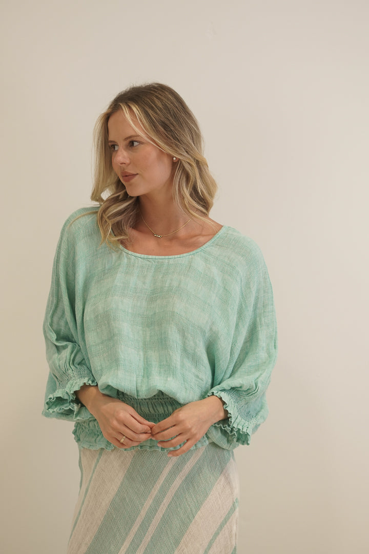 Serena Shirred Hem Top Cascade Green Combo