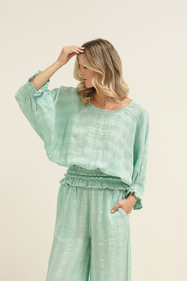 Serena Shirred Hem Top Cascade Green Combo