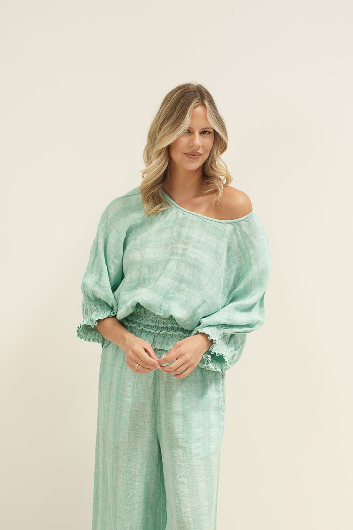 Serena Shirred Hem Top Cascade Green Combo