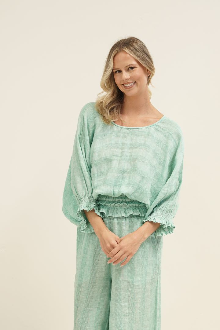 Serena Shirred Hem Top Cascade Green Combo