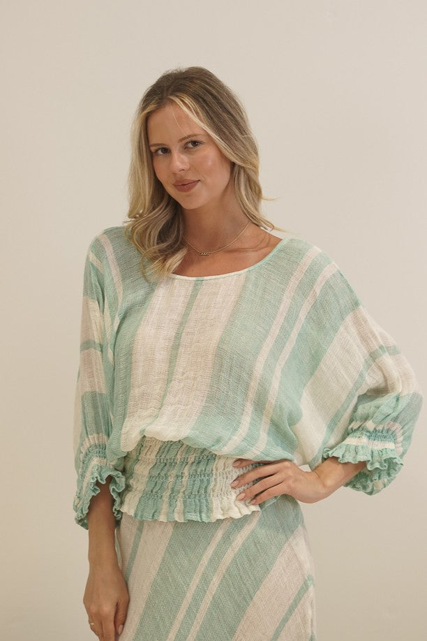 Serena Shirred Hem Top Cascade Green Stripey