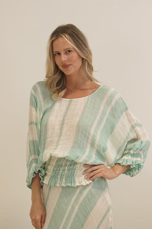Serena Shirred Hem Top Cascade Green Stripey