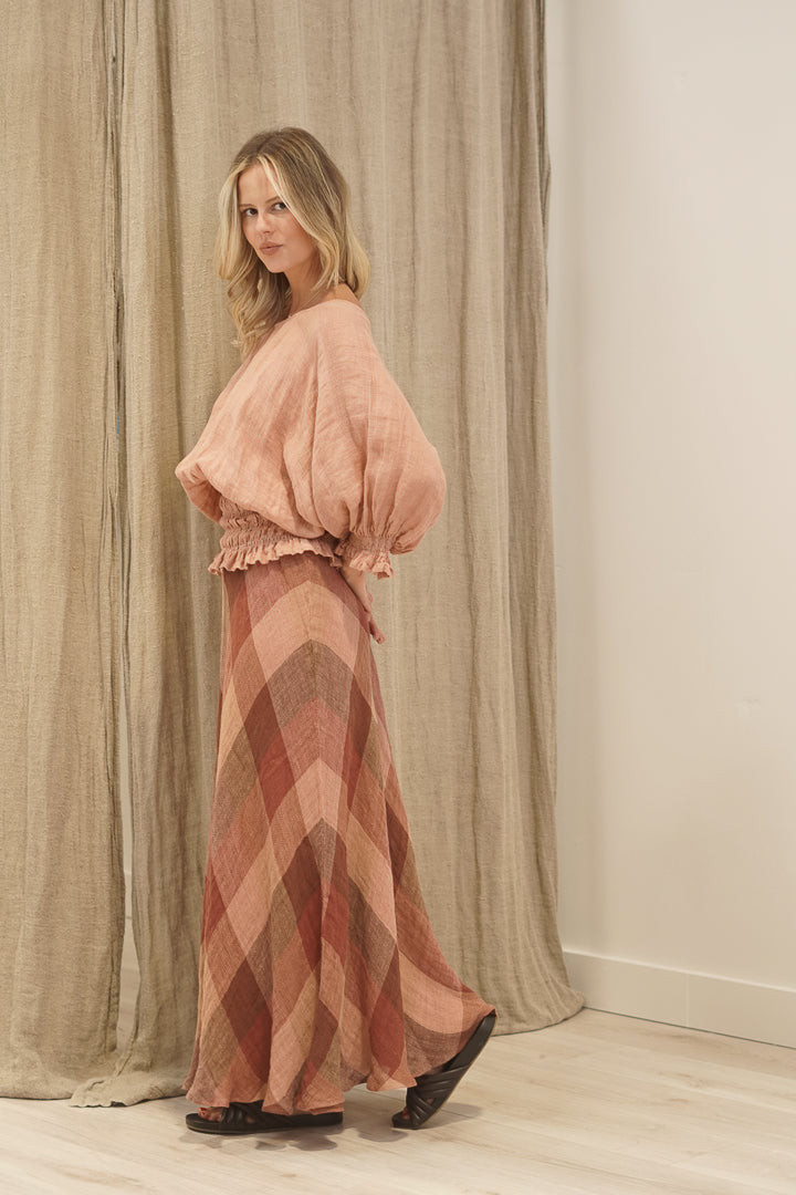 Serena Shirred Hem Top Cameo Brown Check