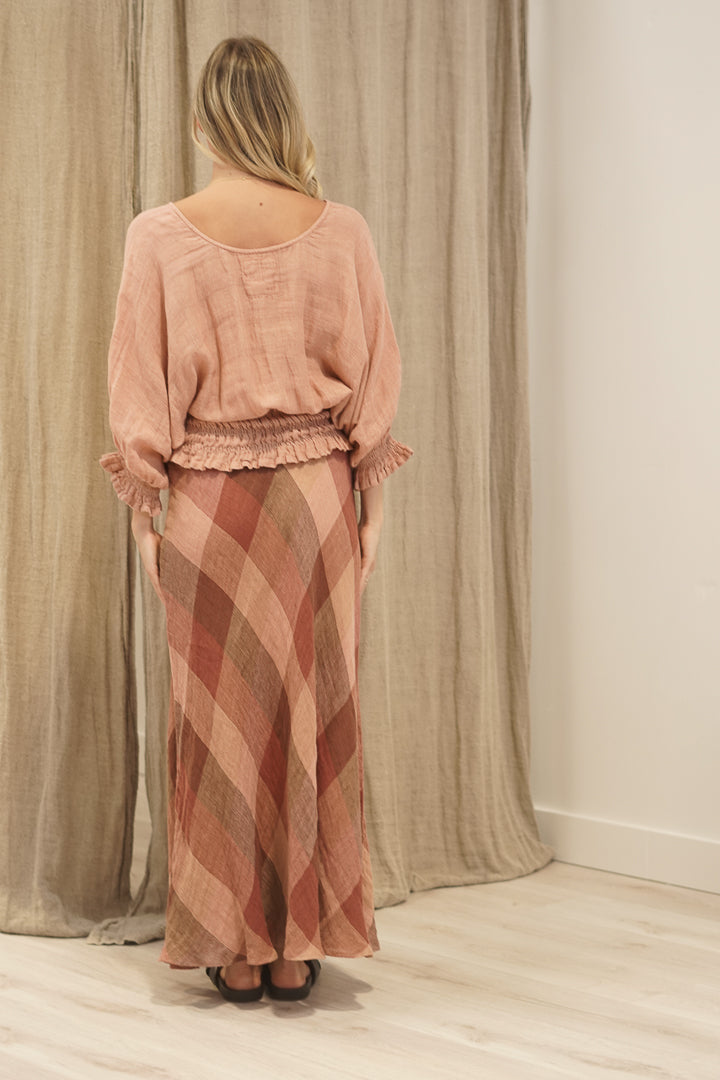 Serena Shirred Hem Top Cameo Brown Check