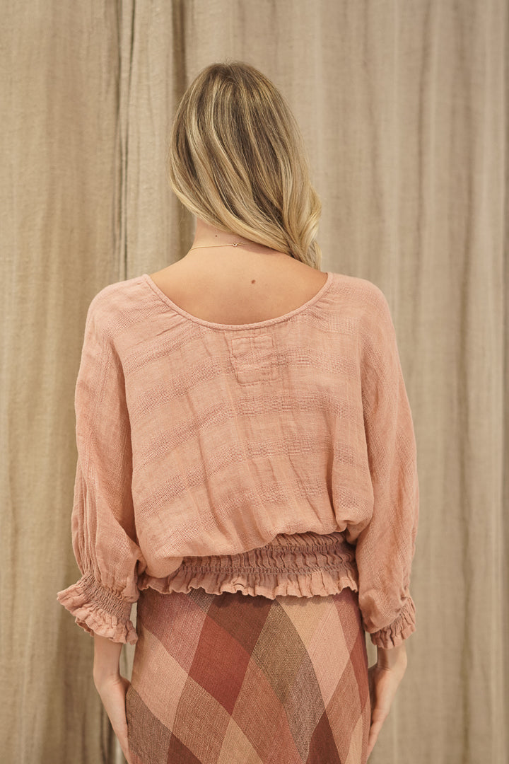 Serena Shirred Hem Top Cameo Brown Check