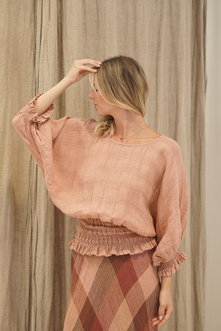 Serena Shirred Hem Top Cameo Brown Check
