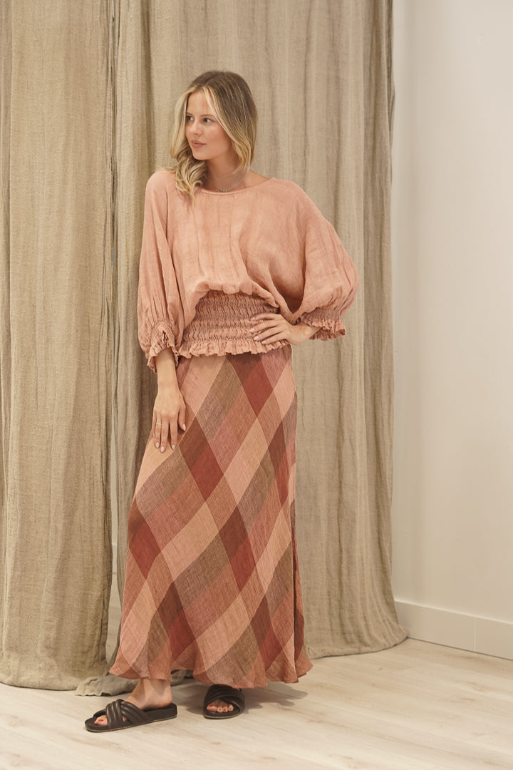 Serena Shirred Hem Top Cameo Brown Check