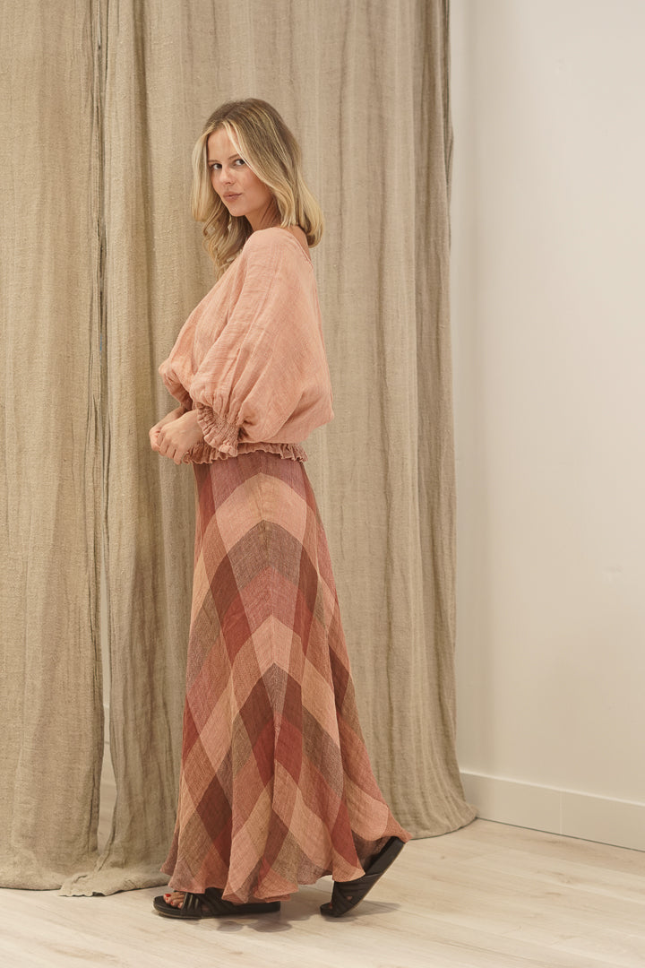 Serena Shirred Hem Top Cameo Brown Check