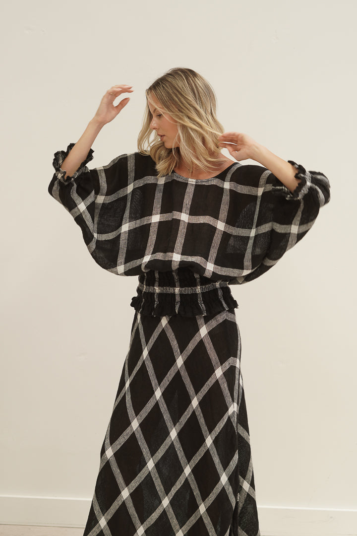 Serena Shirred Hem Top Black & White Check