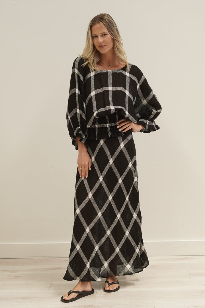 Serena Shirred Hem Top Black & White Check