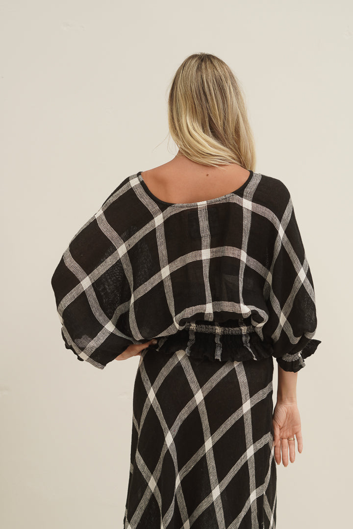 Serena Shirred Hem Top Black & White Check