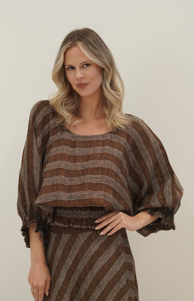 Serena Shirred Hem Top Rust & White Stripes