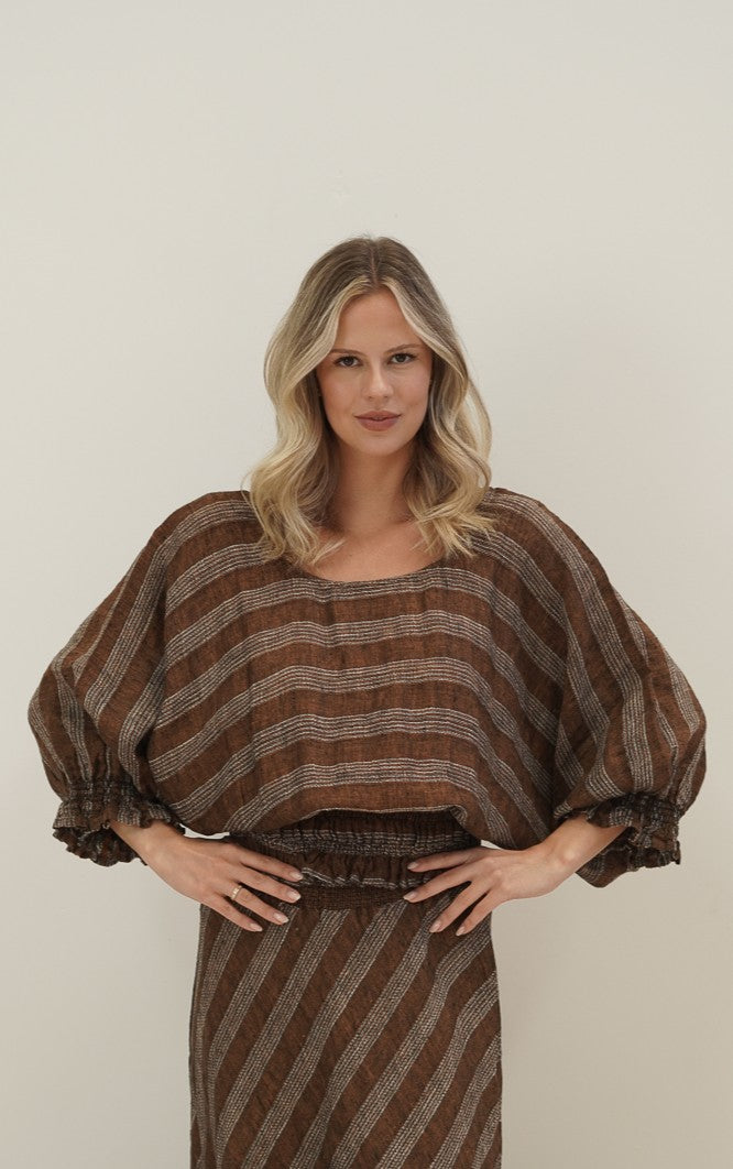 Serena Shirred Hem Top Rust & White Stripes