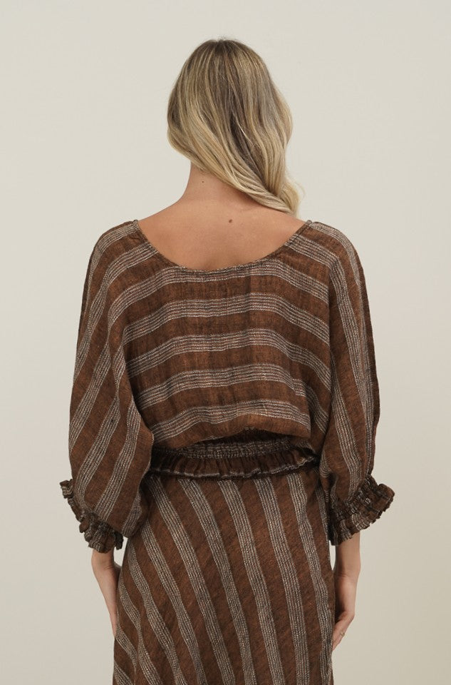 Serena Shirred Hem Top Rust & White Stripes