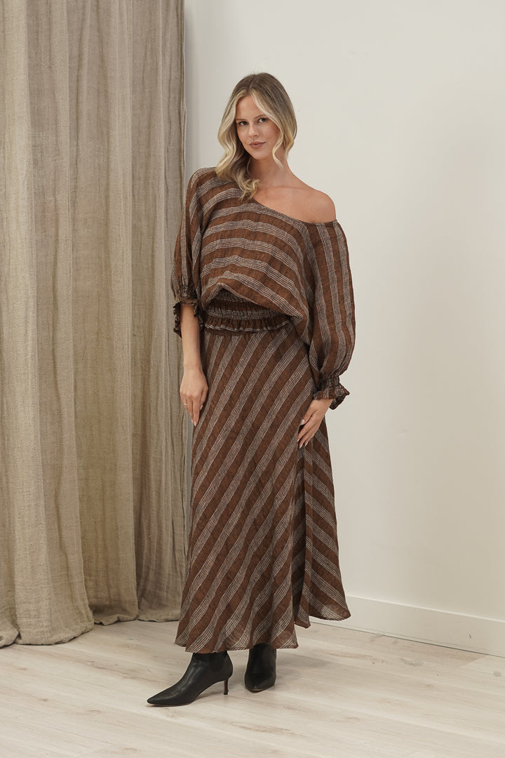 Serena Shirred Hem Top Rust & White Stripes