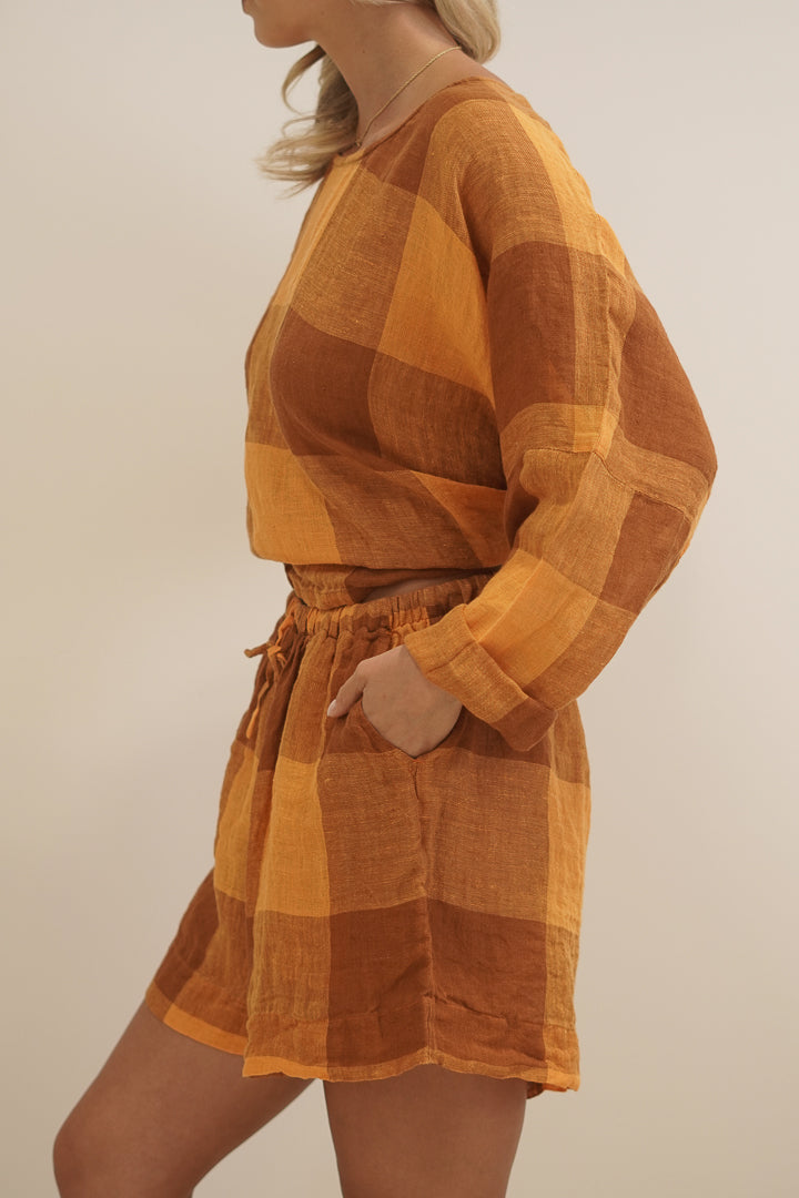 Eve Linen Short Spiced Ochre Check