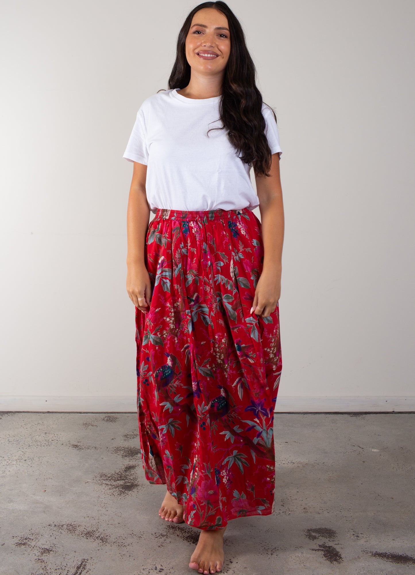 Bird Print Red Skirt With Lining