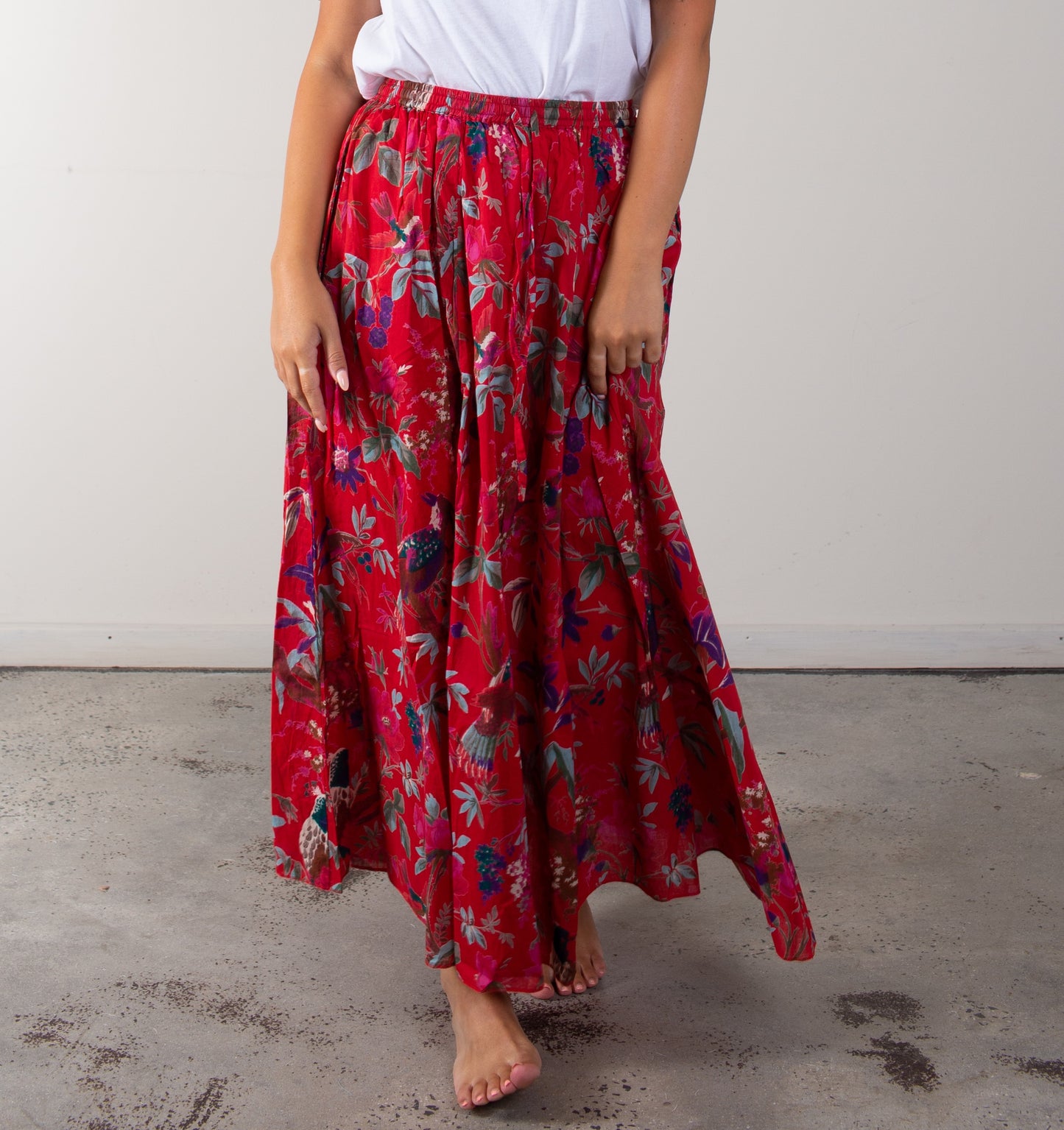 Bird Print Red Skirt With Lining