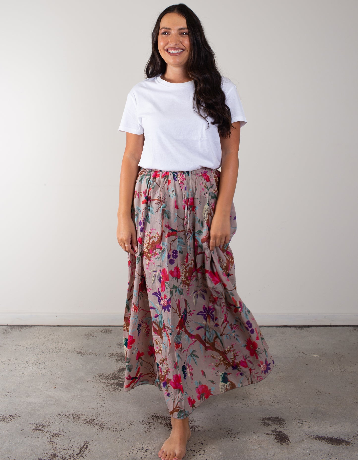 Bird Print Grey Skirt With Lining