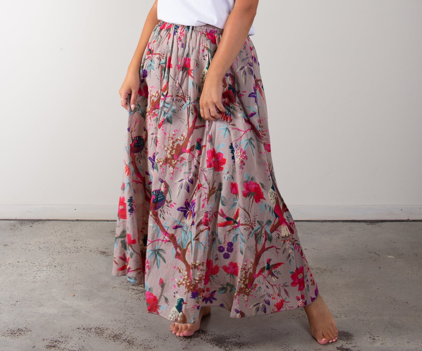 Bird Print Grey Skirt With Lining