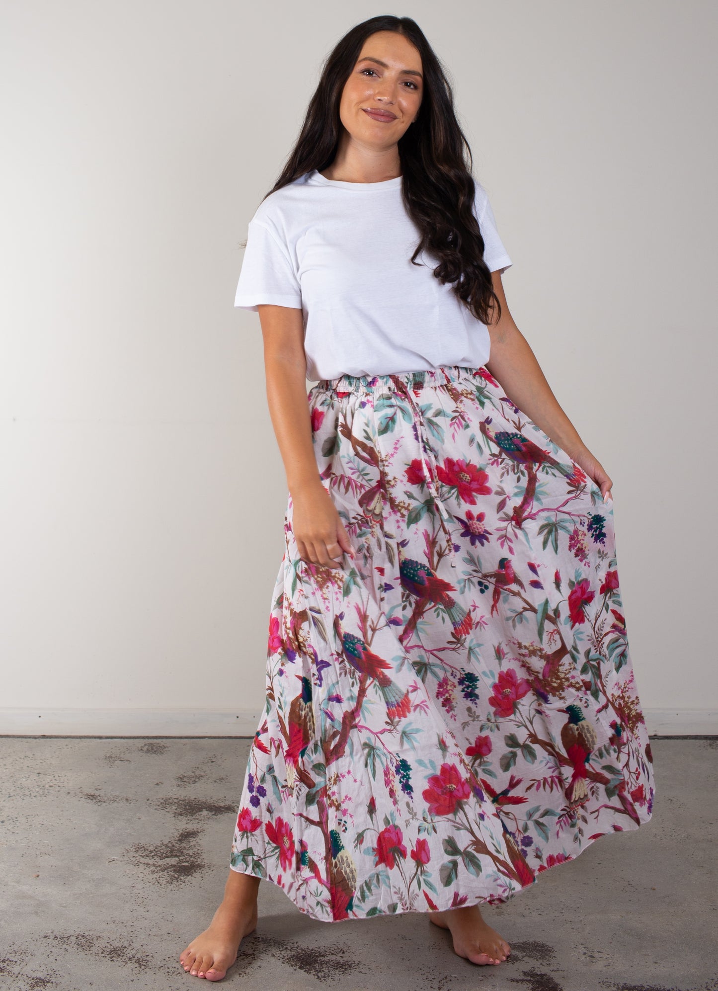 Bird Print White Skirt With Lining