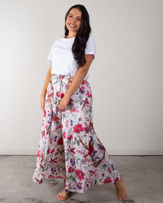 Bird Print White Skirt With Lining