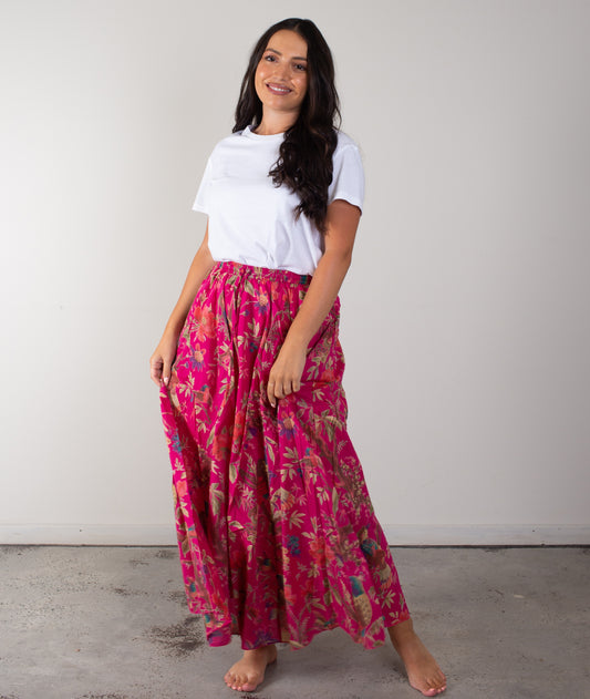 Bird Print Hot Pink Skirt With Lining