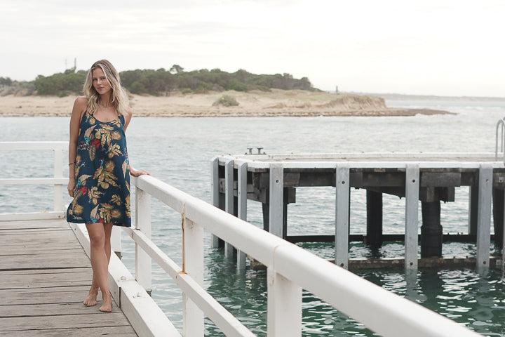 Autumn Leaf Petrol Blue Slip Dress