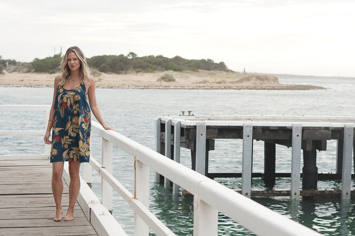 Autumn Leaf Petrol Blue Slip Dress