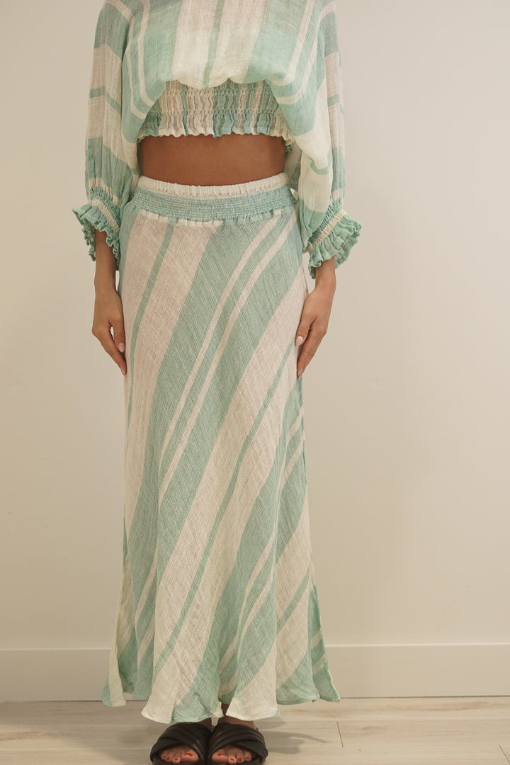 Sottana Bias Cut Linen Skirt Cascade Green Stripey