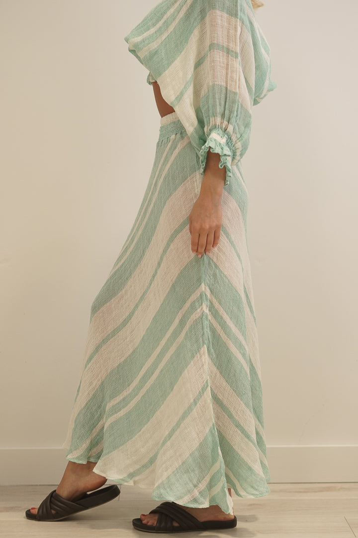 Sottana Bias Cut Linen Skirt Cascade Green Stripey