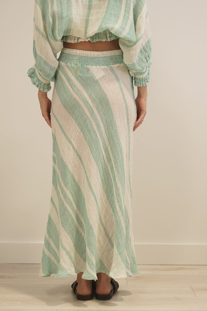 Sottana Bias Cut Linen Skirt Cascade Green Stripey