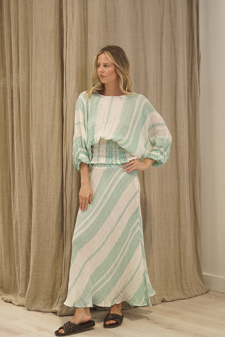 Sottana Bias Cut Linen Skirt Cascade Green Stripey