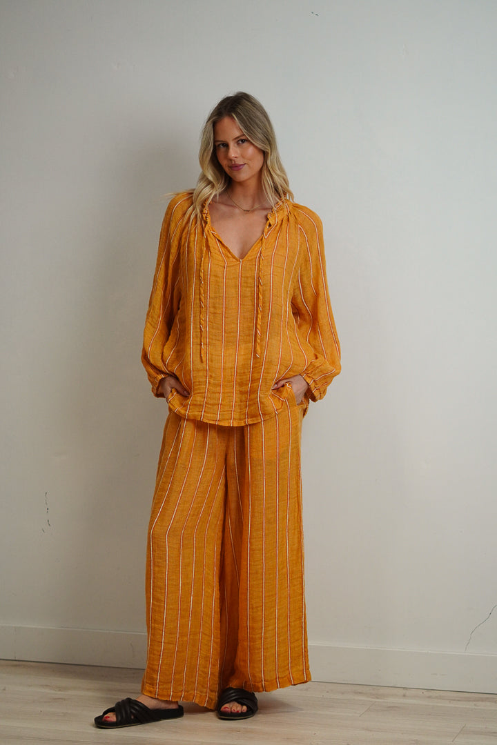 Mia Linen Pants Mustard Velvet Stripes