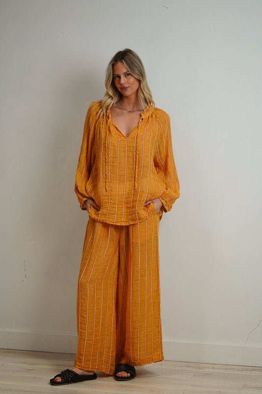 Mia Linen Pants Mustard Velvet Stripes