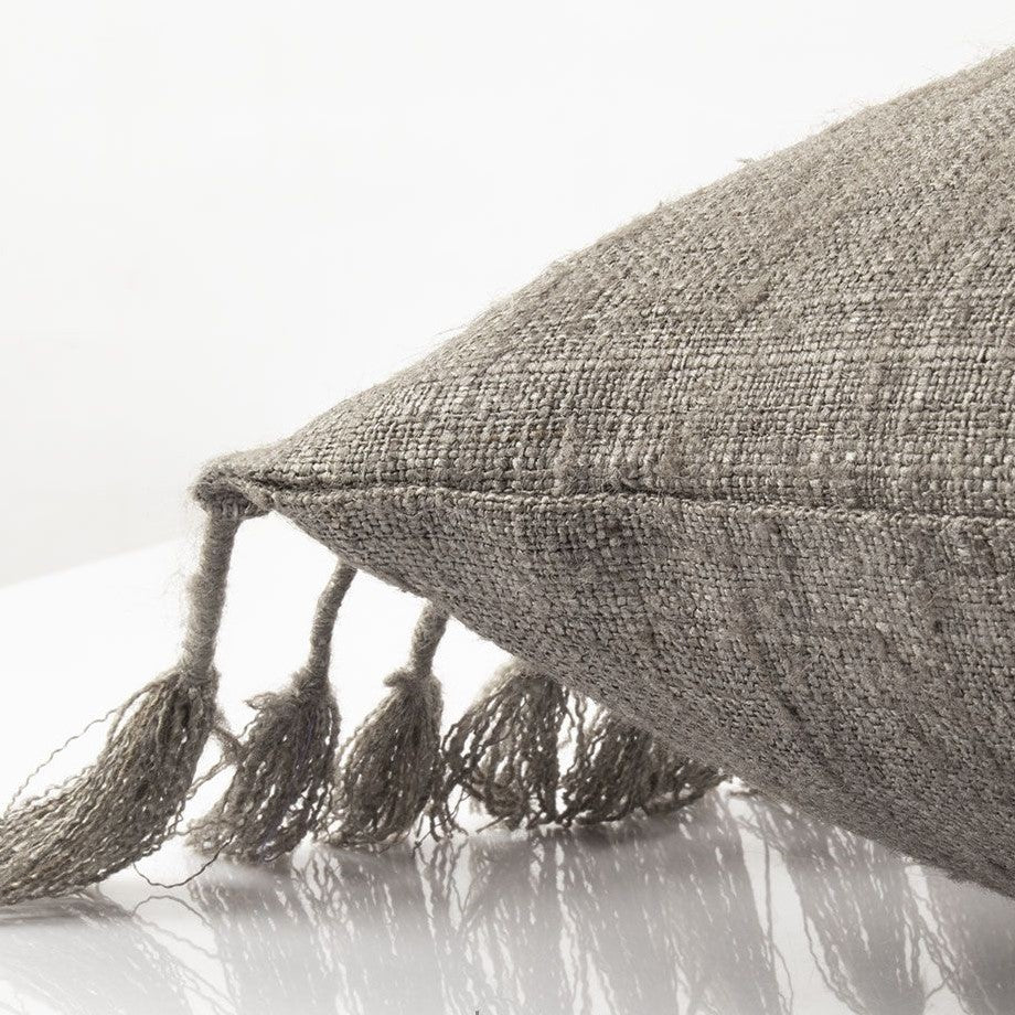 Tussar Wild Silk Cushion Cover Knotted Fringes - Grey 40 X 60 Cm